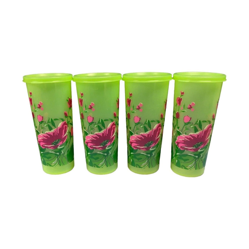 Tupperware Floral Vintage Tumblers W/ Lids Lot Of 4 Tall Cup Drinkware Flowers
